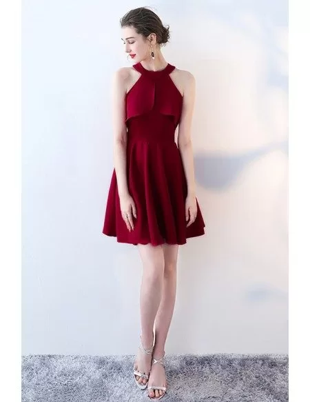 Short Red Burgundy Halter Homecoming Dress with Flounce