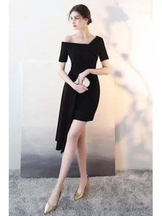 Black Asymmetrical Formal Short Party Dress with Sleeves