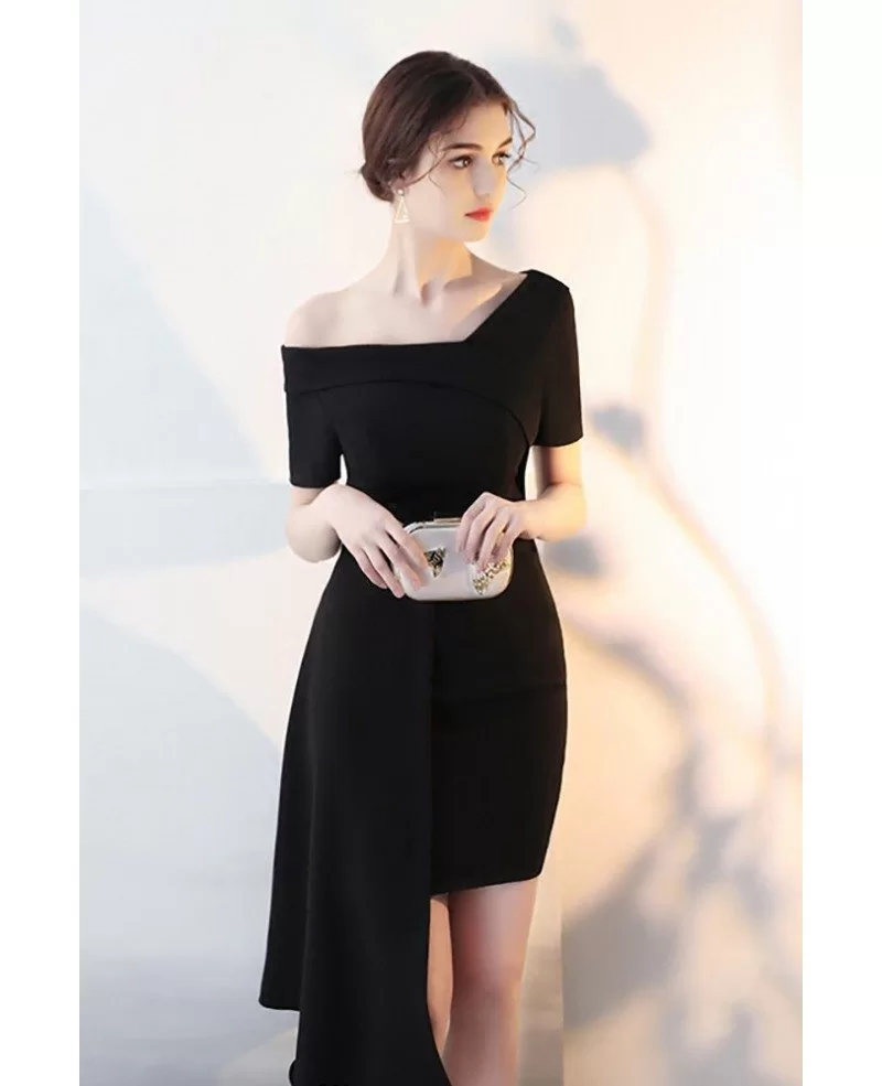 Black Asymmetrical Formal Short Party Dress with Sleeves #HTX86008 ...