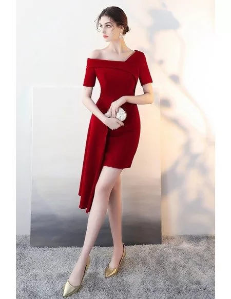 Burgundy Fitted Cocktail Party Dress with Asymmetrical Design