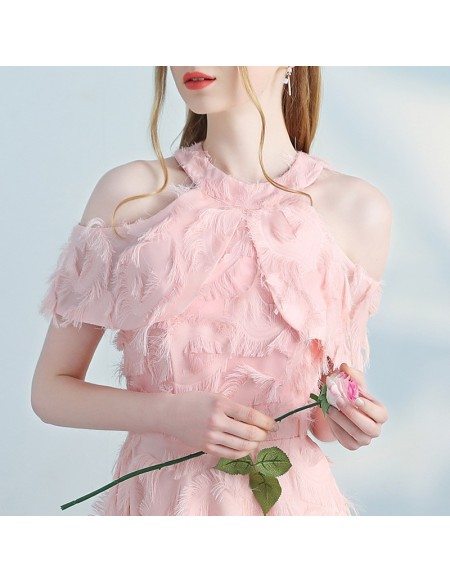 Pink Feathers Tea Length Party Dress Aline
