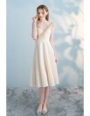 Champagne Aline Sheer Neck Party Dress with Feathers