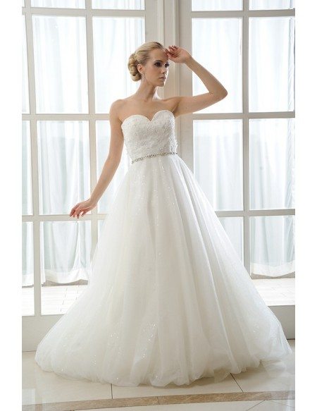 A-Line Sweetheart Sweep Train Tulle Wedding Dress With Beading Appliques Lace