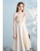 Champagne Aline Sheer Neck Party Dress with Feathers