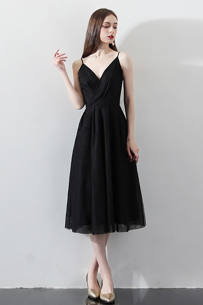 black spaghetti strap dress knee length V-neck Tea Party with Straps #HTX86019 adding sleeves to spaghetti strap dress