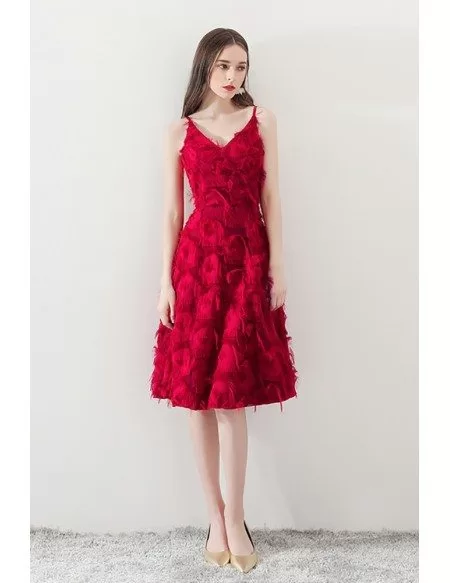 Burgundy Feathers Knee Length Party Dress with Straps
