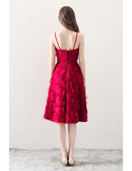 Burgundy Feathers Knee Length Party Dress with Straps