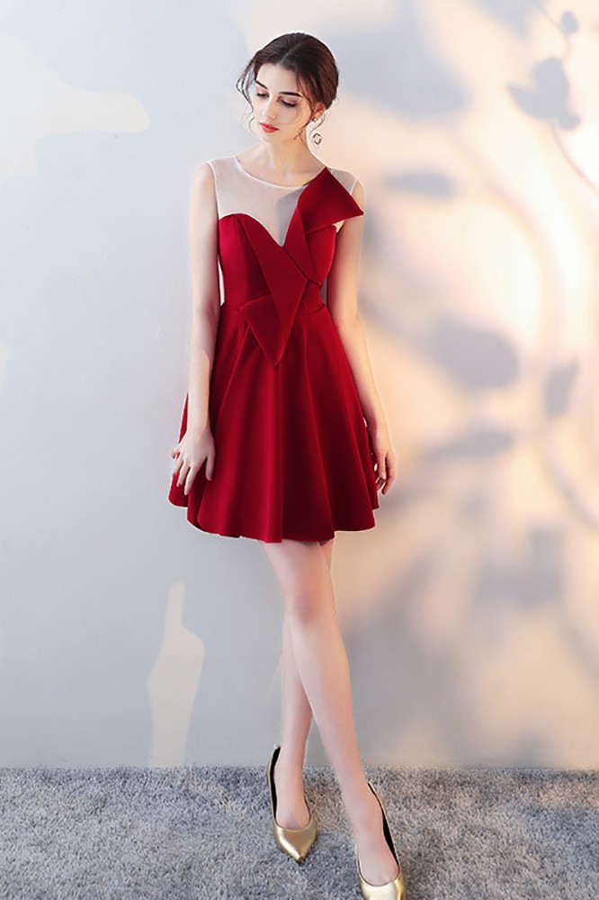 Cute Bow Red Homecoming Dress Flare with Sheer Neck #HTX86037 ...