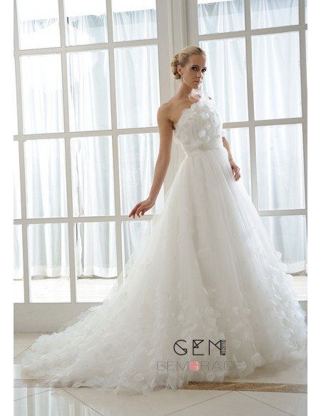 Ball-Gown One Shoulder chapel Train Organza Wedding Dress With Flowers