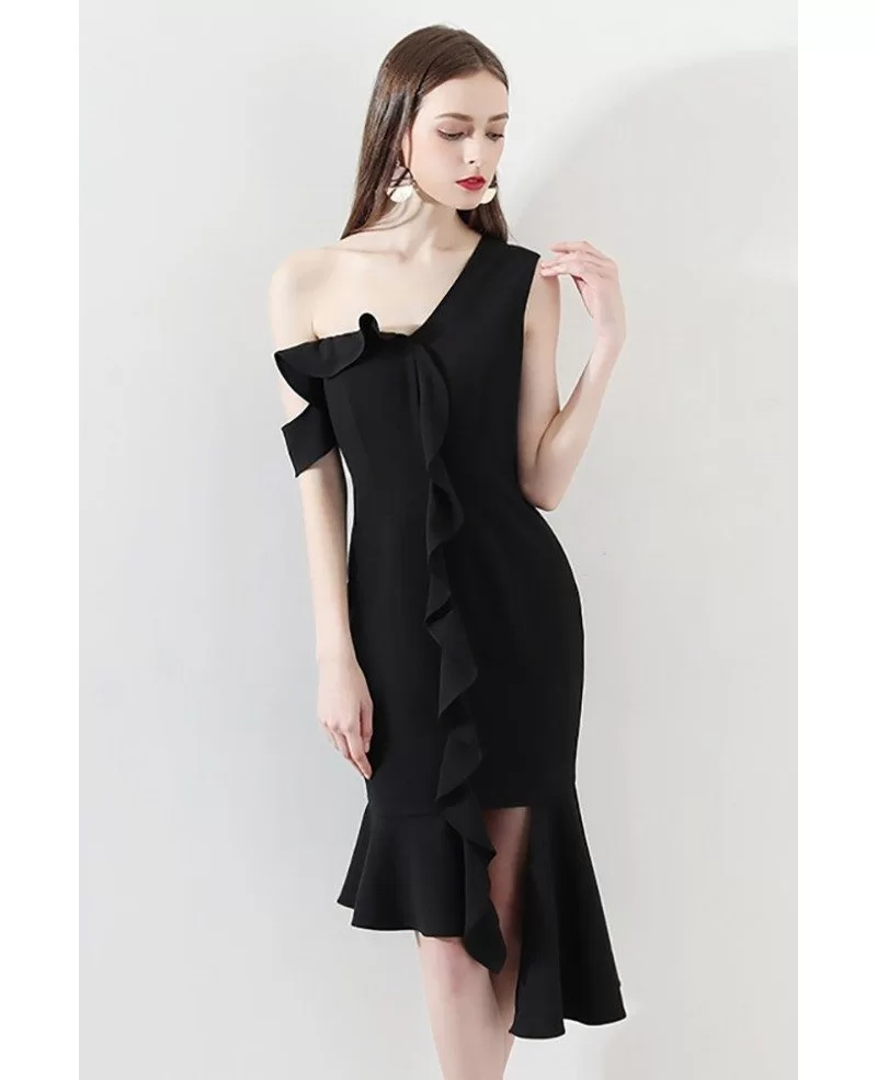 Sexy One Shoulder Black Mermaid Formal Party Dress with Ruffles # ...