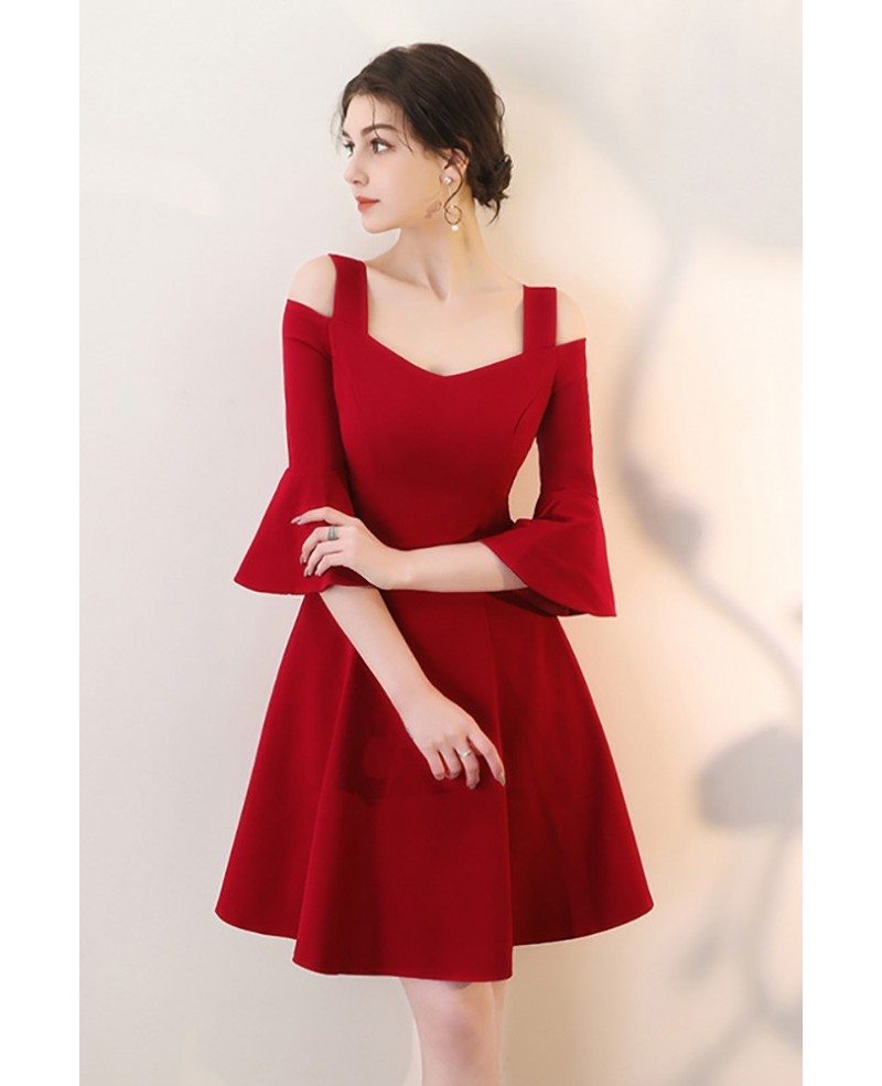 Burgundy Aline Short Red Homecoming Dress with Bell Sleeves #HTX86042 ...