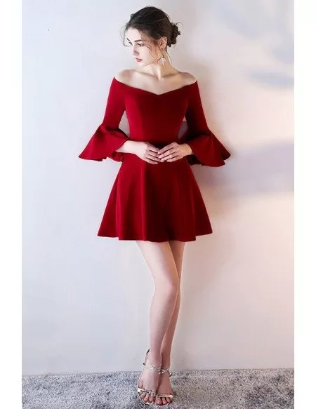 Gorgeous Burgundy Off Shoulder Homecoming Dress Short with Bell Sleeves