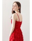 Unique Feathers Red Knee Length Party Dress Vneck with Straps