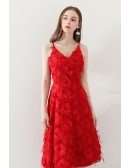 Unique Feathers Red Knee Length Party Dress Vneck with Straps