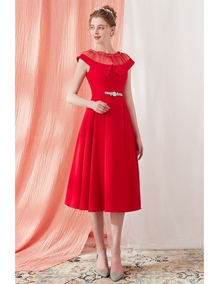 Vintage Red Knee Length Short Party Dress With Illusion Neckline Ama Gemgrace Com