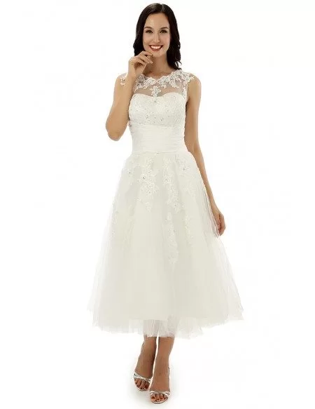 A-line Scoop Tea-length Wedding Dress