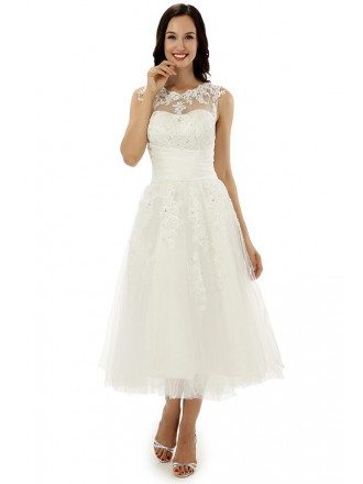 A-line Scoop Tea-length Wedding Dress