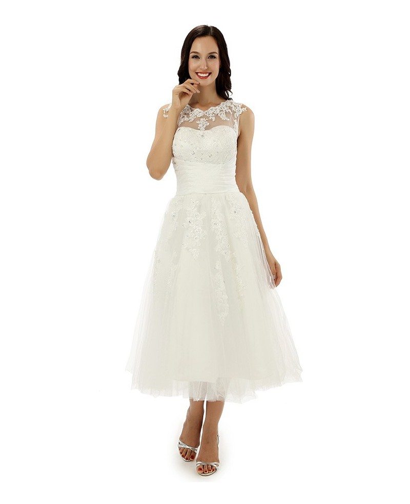 A line Tea length Wedding Dress For Older Brides Lace Neckline CY0224 145 GemGrace