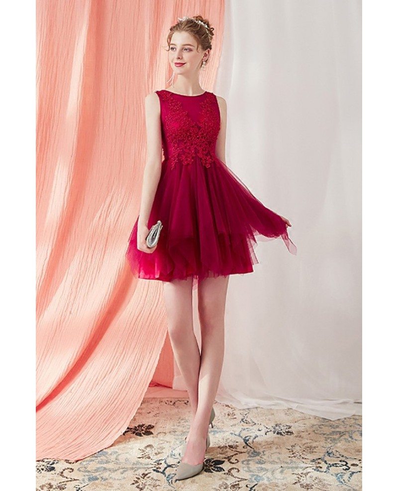 Cute Burgundy Short Tulle Tutu Prom Dress with Lace 