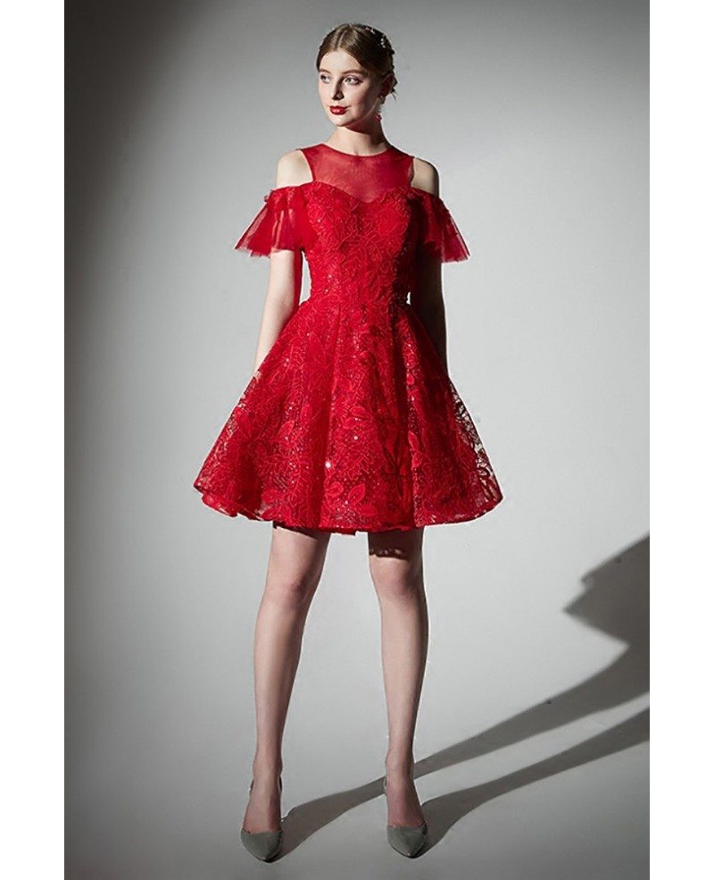 red lace cold shoulder dress