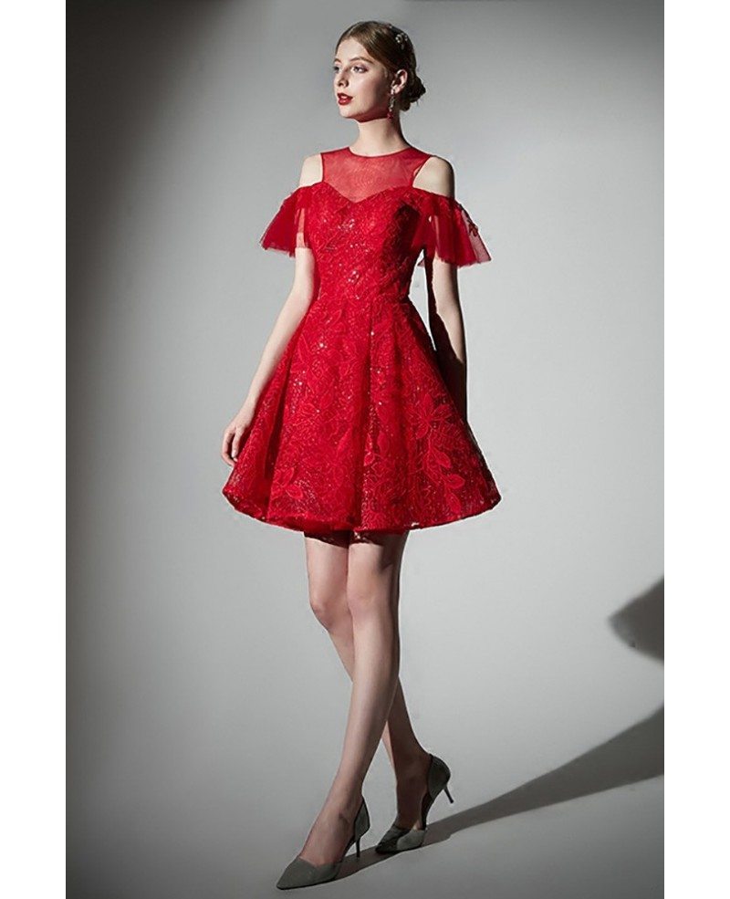Gorgeous Short Red Lace Cold Shoulder Homecoming Party Dress #AMA86026 ...