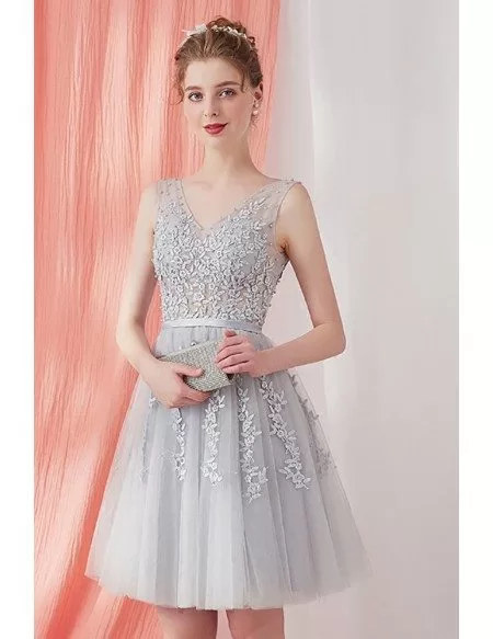 Grey Lace Short Tulle Homecoming Party Dress Bridesmaid Dress Sleeveless