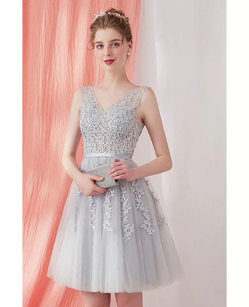 Grey Lace Short Tulle Homecoming Party Dress Bridesmaid Dress Sleeveless Ama86010