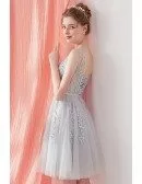 Grey Lace Short Tulle Homecoming Party Dress Bridesmaid Dress Sleeveless