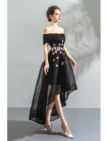 Black Tulle High Low Off Shoulder Prom Dress With Appliques