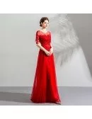Elegant Red Flowy Long Tulle Formal Dress With Appliques Sleeves