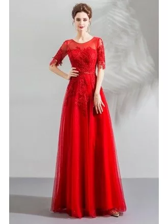 Elegant Red Flowy Long Tulle Formal Dress With Appliques Sleeves