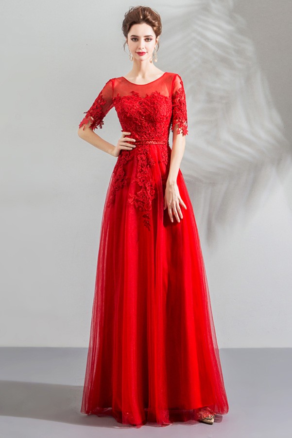 Elegant Red Flowy Long Tulle Formal Dress With Appliques Sleeves ...