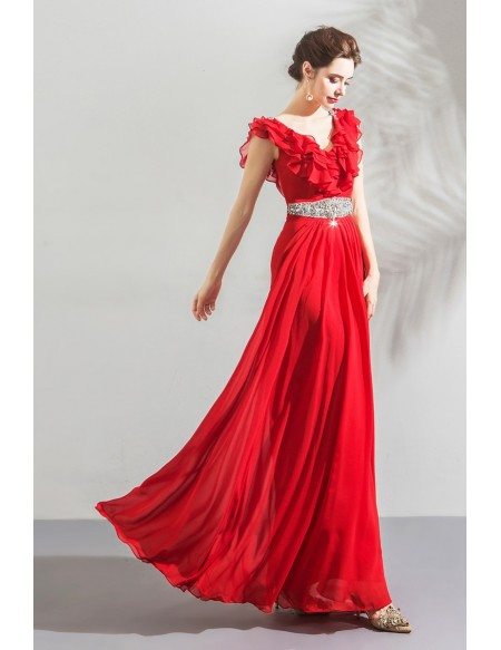 Elegant Long Red Chiffon Evening Party Dress With Jeweled Waistline