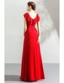 Elegant Long Red Chiffon Evening Party Dress With Jeweled Waistline