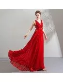 Flowy Long Red Chiffon Flowers V-neck Prom Dress Sleeveless