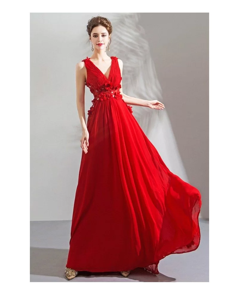 Flowy Long Red Chiffon Flowers V-neck Prom Dress Sleeveless Wholesale # ...