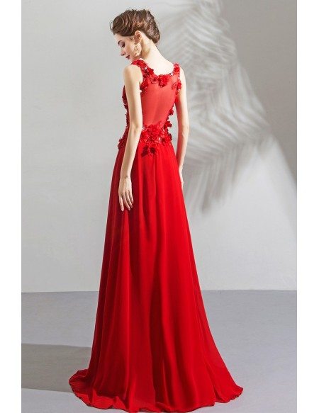 Flowy Long Red Chiffon Flowers V-neck Prom Dress Sleeveless
