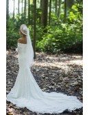 Modern Off Shoulder Sleeved Lace Wedding Dress With Cathedral Train