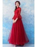 Modest Red Lace Flare Sleeve Formal Dress For Wedding
