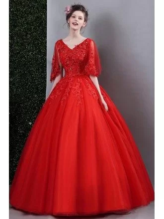 Red Lace Ball Gown Formal Dress For Wedding With Cape Sleeves