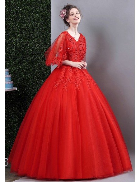 Red Lace Ball Gown Formal Dress For Wedding With Cape Sleeves Wholesale ...