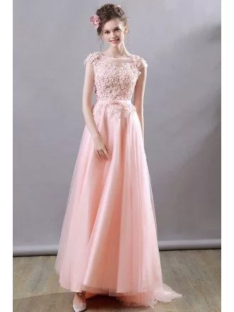 Gorgeous Flowy Long Prom Dress Pink Flowers With Cap Sleeves