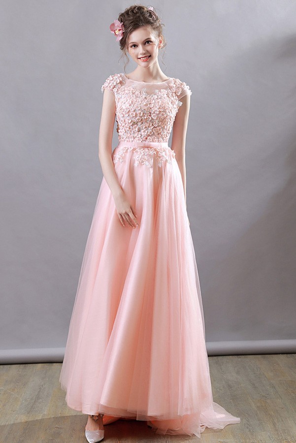 Gorgeous Flowy Long Prom Dress Pink Flowers With Cap Sleeves Wholesale ...