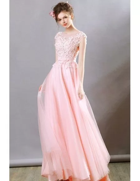 Gorgeous Flowy Long Prom Dress Pink Flowers With Cap Sleeves