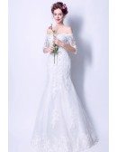 Fit And Flare Lace Beading Wedding Dress With Off Shoulder Sleeves