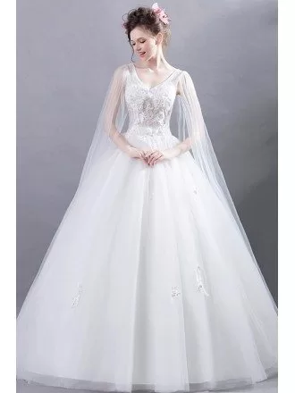Princess Applique Ballroom Wedding Gown With Long Tulle Sleeves