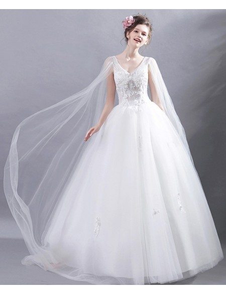 Princess Applique Ballroom Wedding Gown With Long Tulle Sleeves