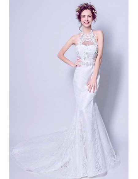 Goddesses Trumpet Lace Fitted Wedding Dress With Beading Halter Neck