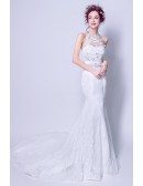 Goddesses Trumpet Lace Fitted Wedding Dress With Beading Halter Neck