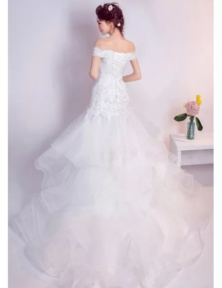 Cascading Ruffle Lace Beading Wedding Dress With Off Shoulder Straps